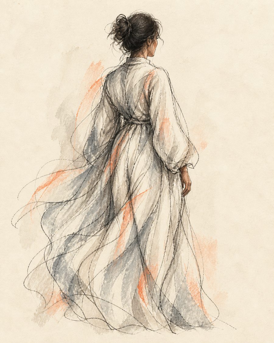 Expressive charcoal and watercolour illustration of a woman in a flowing dress, with subtle coral accents
