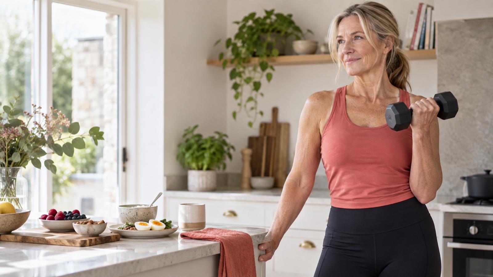 A woman in midlife strength training beside a balanced, protein-rich breakfast in a bright kitchen